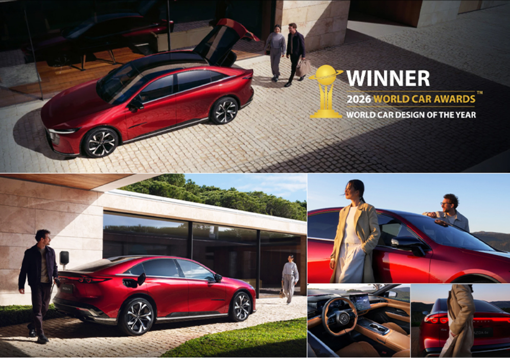 Mazda 6e image collage with 2026 World Car Awards winner caption